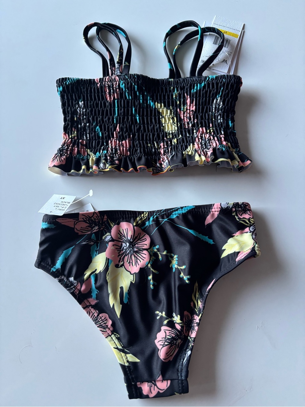 Jessica Simpson Black Floral Smocked Bikini in Pink, Yellow & Teal